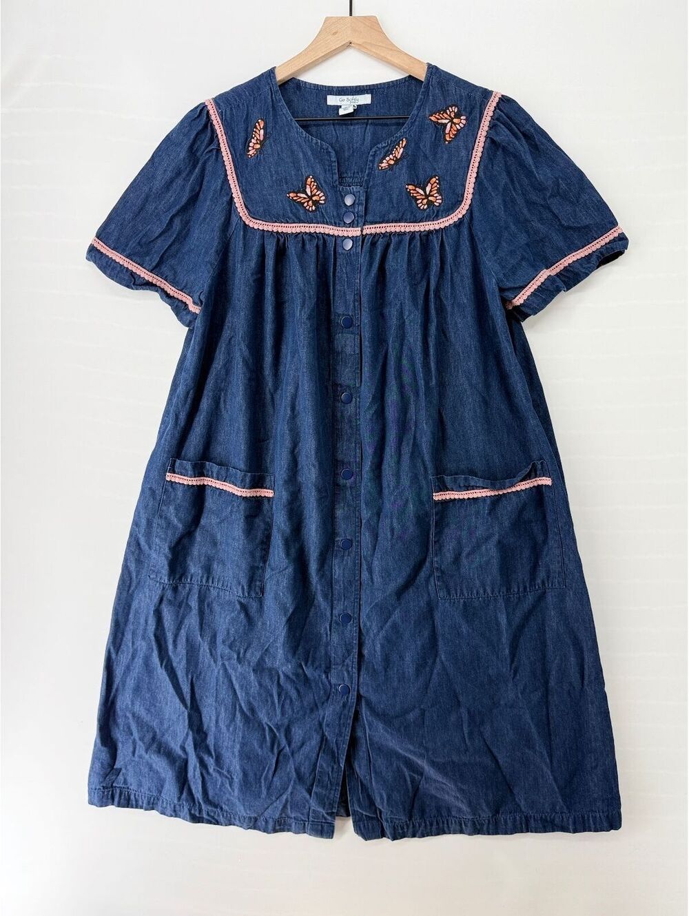 Go Softly Patio Chambray Butterfly Embroidered Dress Women's Medium Cottagecore